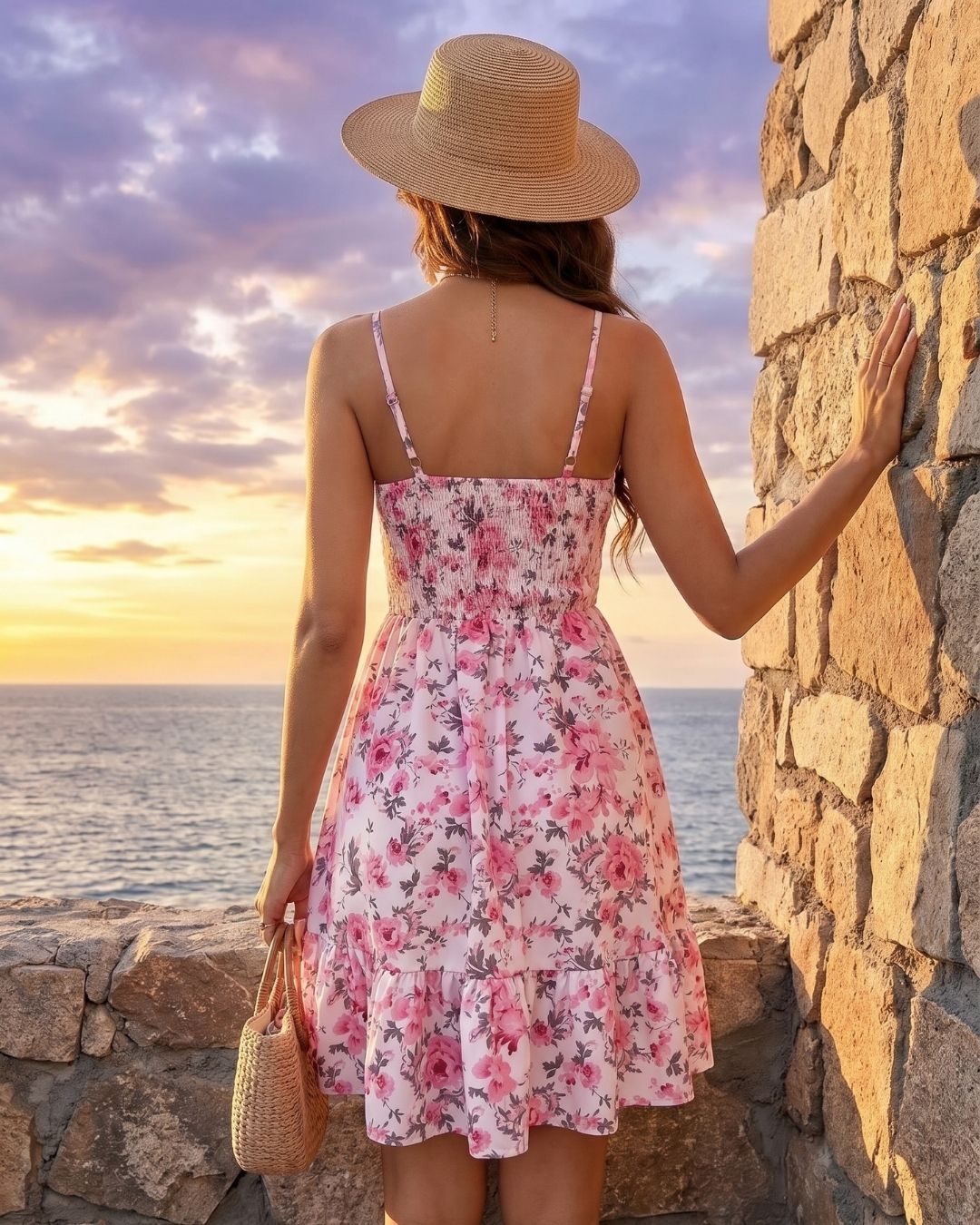 Vestido Curto Evasê Alça Fina Com Lastex E Estampa Floral