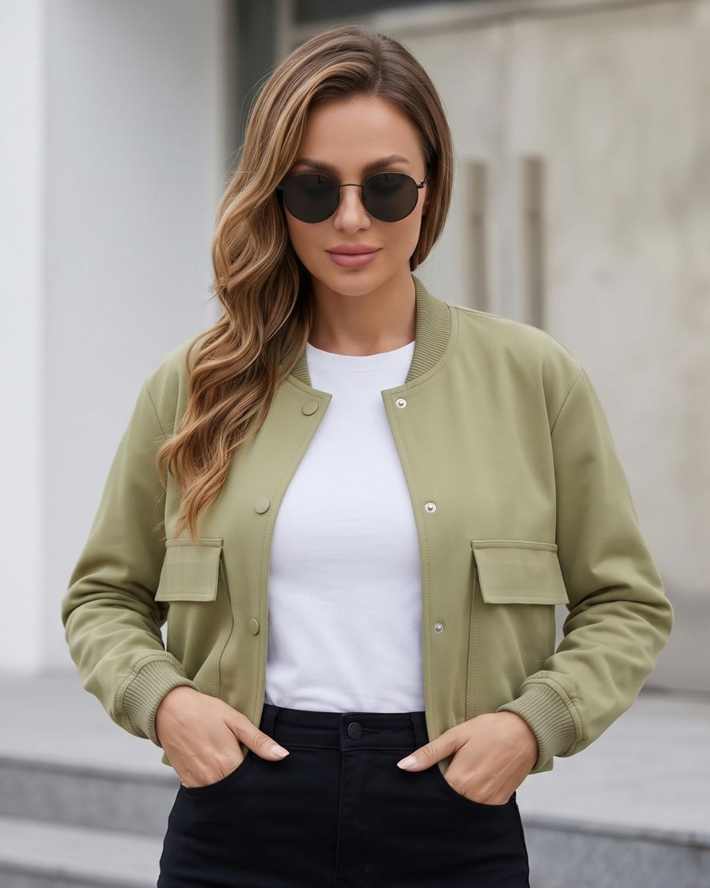 Jaqueta Bomber Cropped Com Bolsos Frontais Utilitária