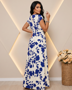 Vestido Longo Floral Com Decote V E Cintura Franzida
