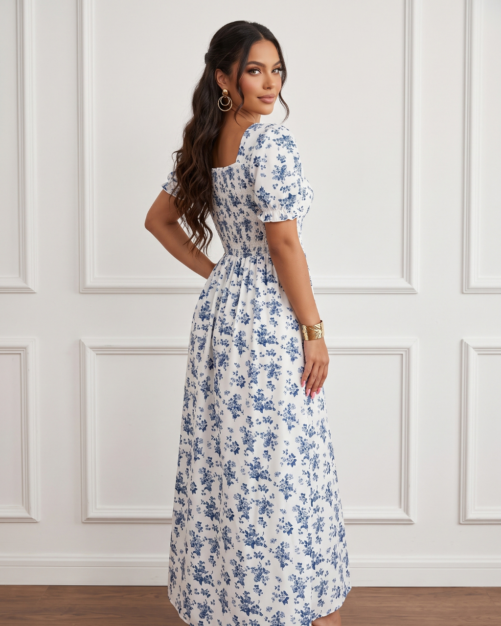 Vestido Longo Floral Com Manga Bufante E Cintura Marcada