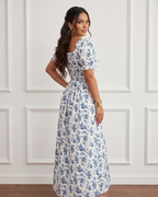 Vestido Longo Floral Com Manga Bufante E Cintura Marcada