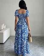 Vestido Longo Floral Com Lastex E Decote Quadrado