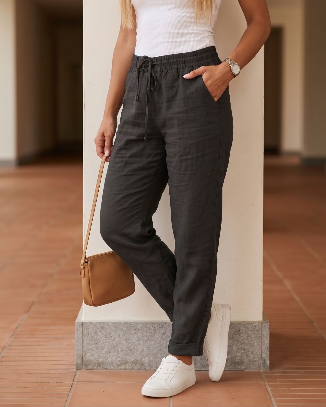 Calça Feminina Casual Com Cós Elástico E Cordão Ajustável