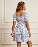 Vestido Curto Floral Com Manga Bufante E Saia Em Camadas