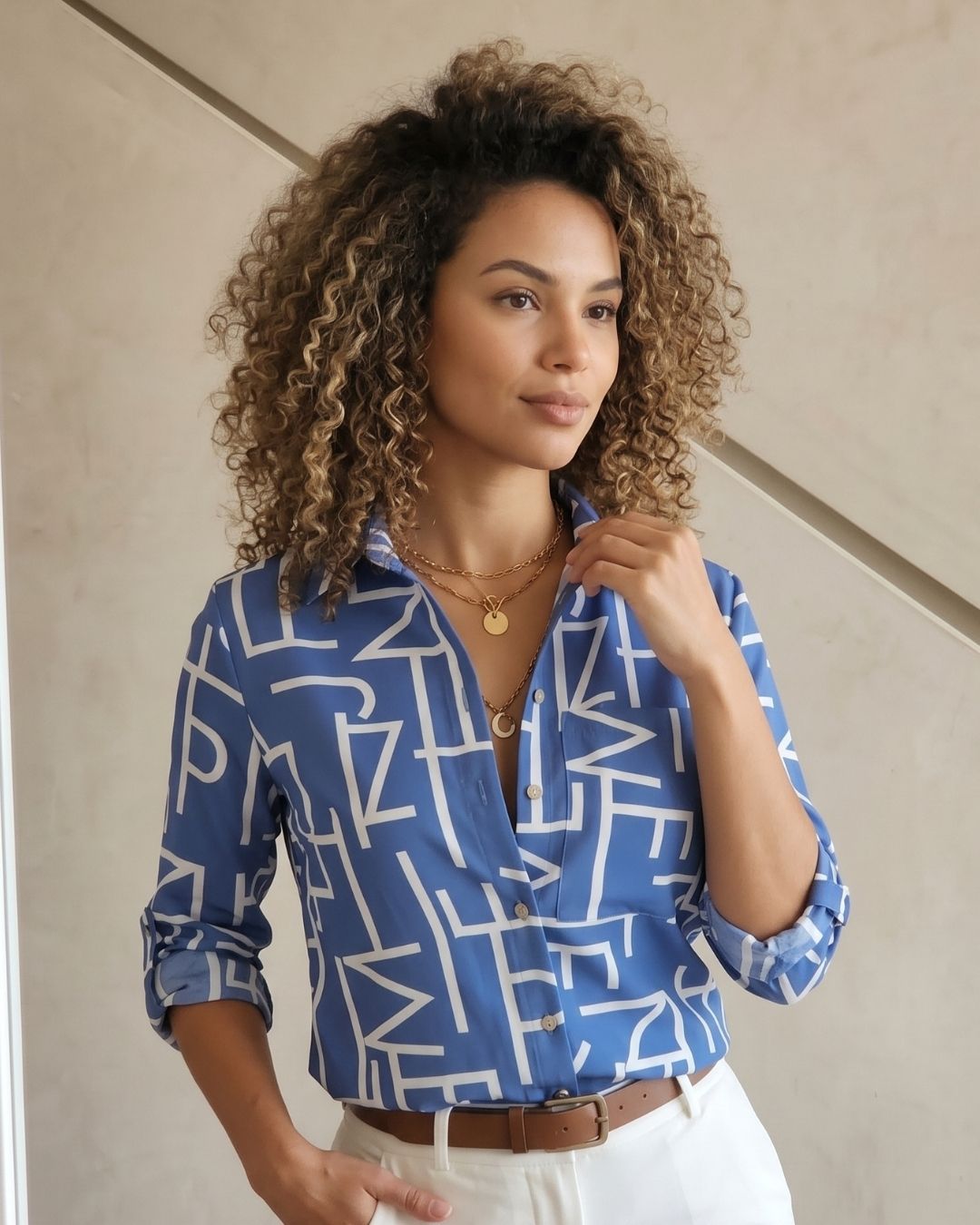 Camisa Feminina Estampada Abstrata Com Manga 3/4