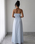Vestido Longo Frente Única Decote V Com Recortes Listrado