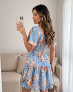 Vestido Curto Floral Com Lastex E Manga Fluida