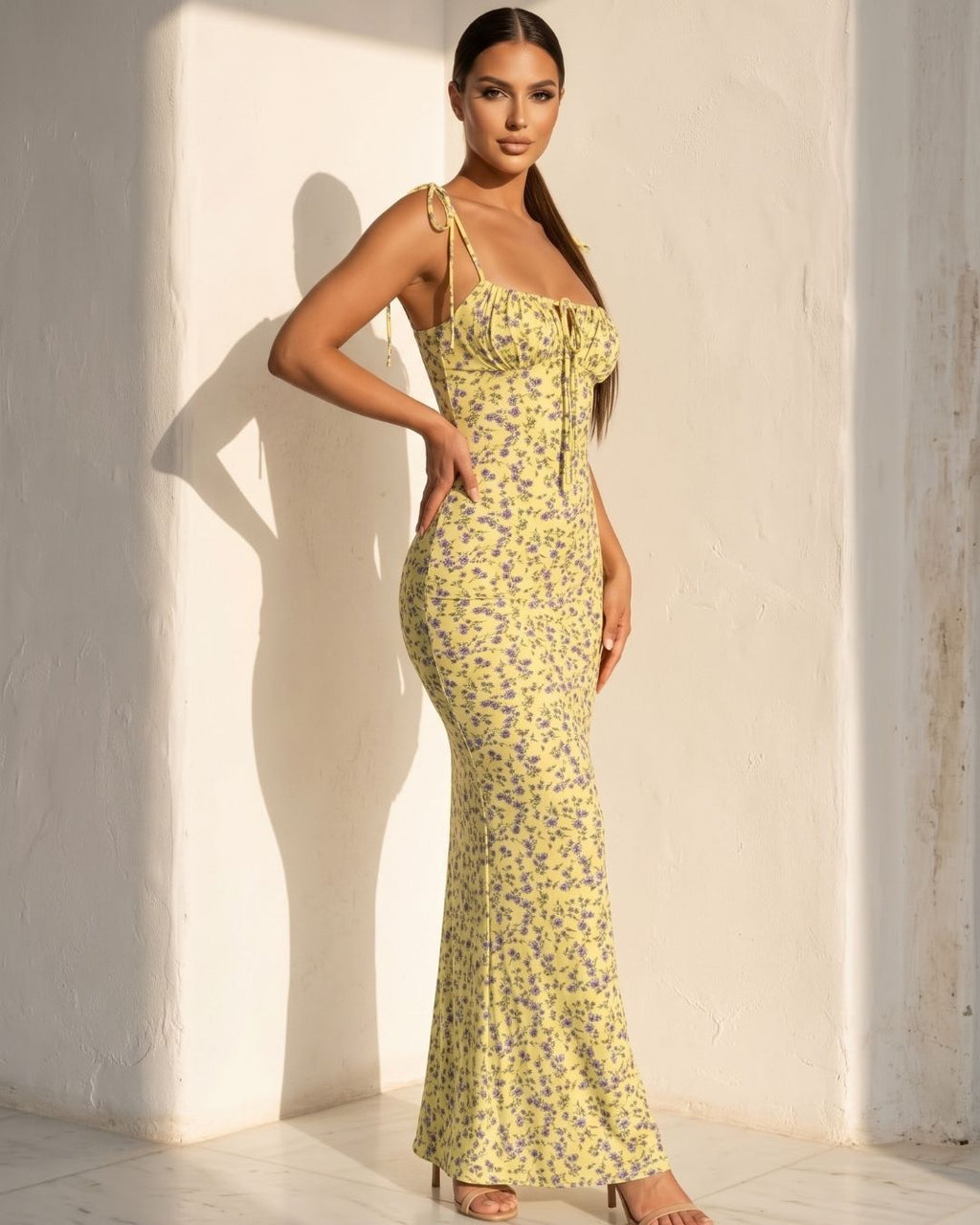 Vestido Midi Floral Com Fenda E Decote Franzido