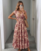 Vestido Longo Estampado Com Decote V E Cintura Marcada