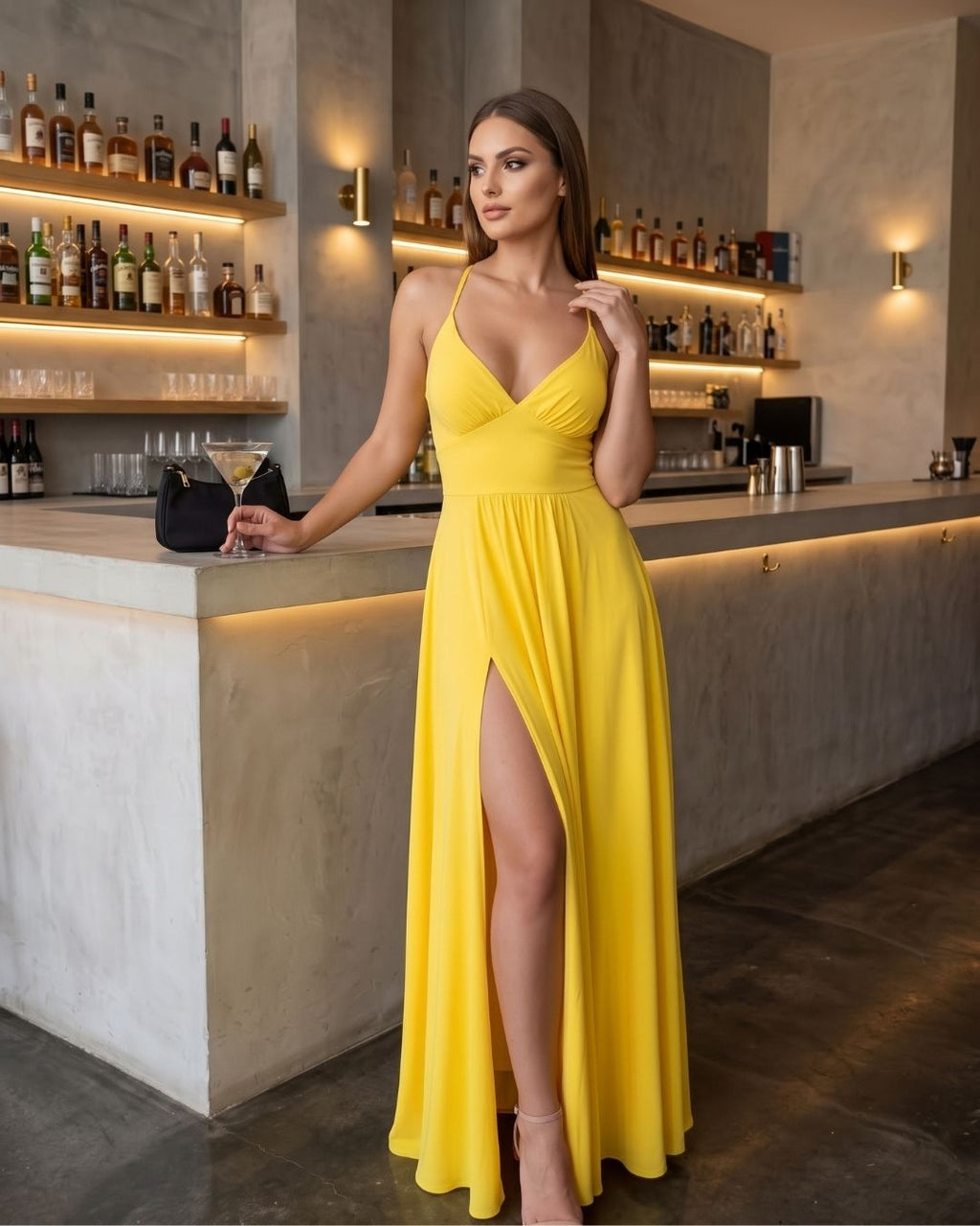 Vestido Longo Acetinado Com Alças Cruzadas E Fenda