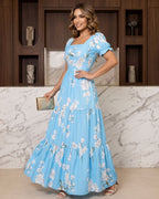 Vestido Longo Floral Com Decote Quadrado E Saia Em Camadas