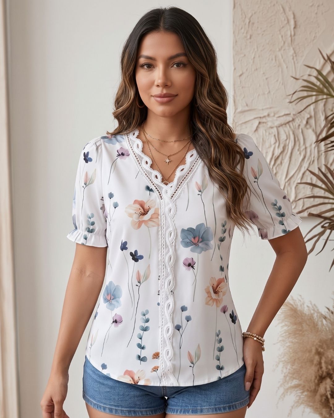 Blusa Feminina Floral Com Renda No Decote E Manga Curta