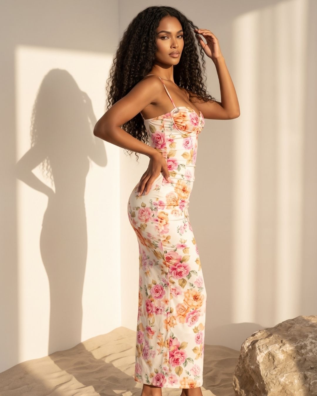 Vestido Longo Justo Floral Com Decote Franzido E Alças Finas