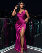 Vestido Longo Justo Decote Degagê Drapeado Com Fenda Elegante