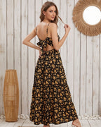 Vestido Longo Evasê Alça Fina Com Laço Nas Costas Floral