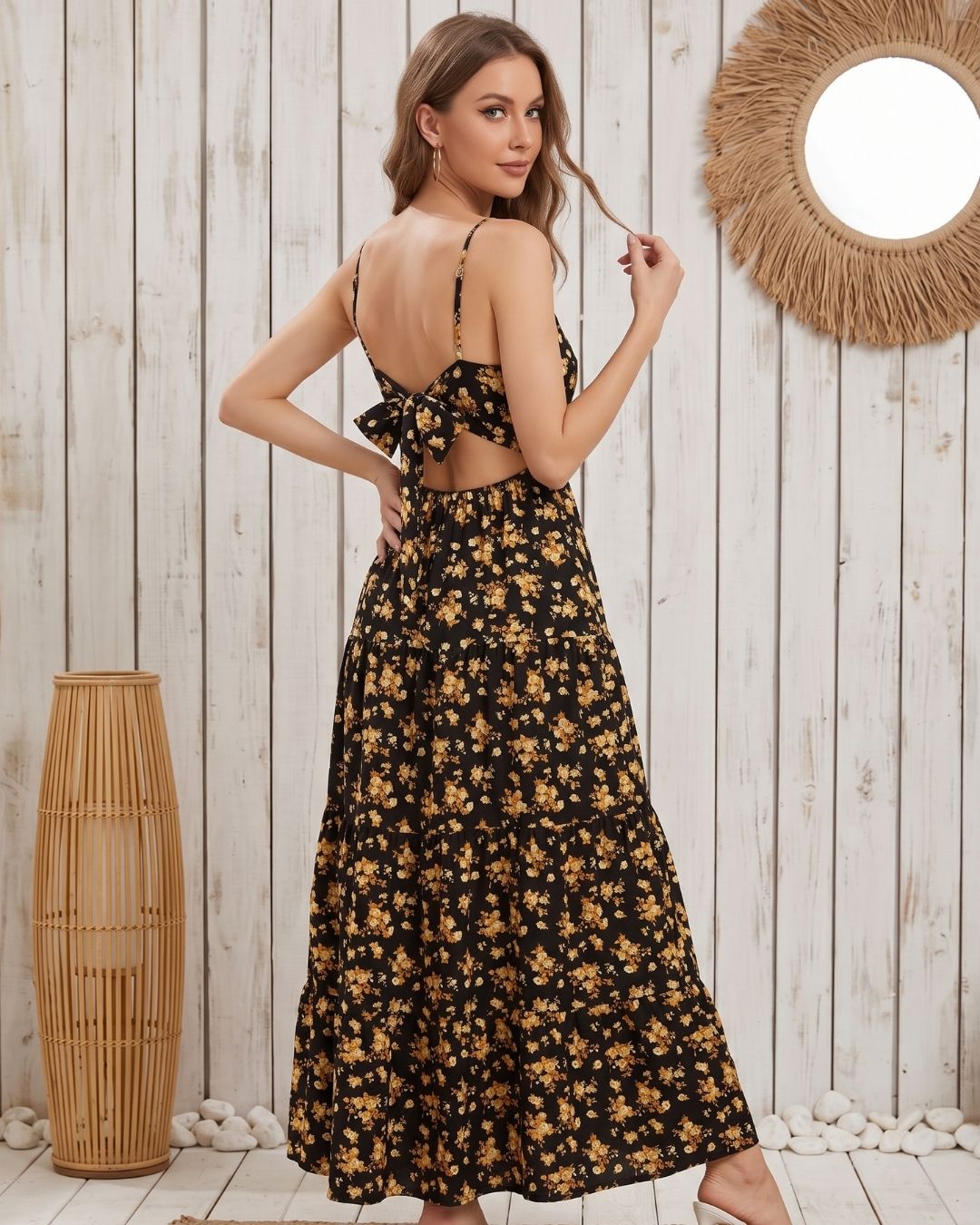 Vestido Longo Evasê Alça Fina Com Laço Nas Costas Floral