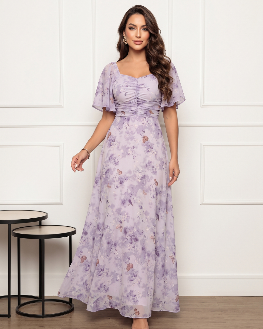 Vestido Longo Floral Com Decote Quadrado E Manga Fluida