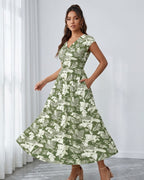 Vestido Longo Estampado Com Decote V E Saia Evasê