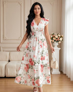 Vestido Longo Floral Com Decote V E Manga Babado