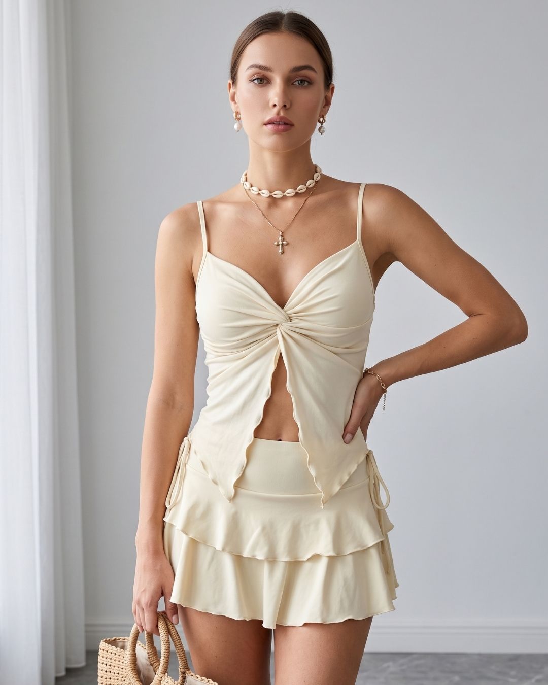 Conjunto Blusa Cropped Franzida E Saia Curta Com Babados