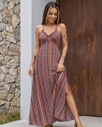 Vestido Longo Estampado Com Alças Finas E Decote Franzido