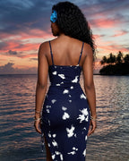 Vestido Midi Justo Alça Fina Com Fenda E Franzido Estampado