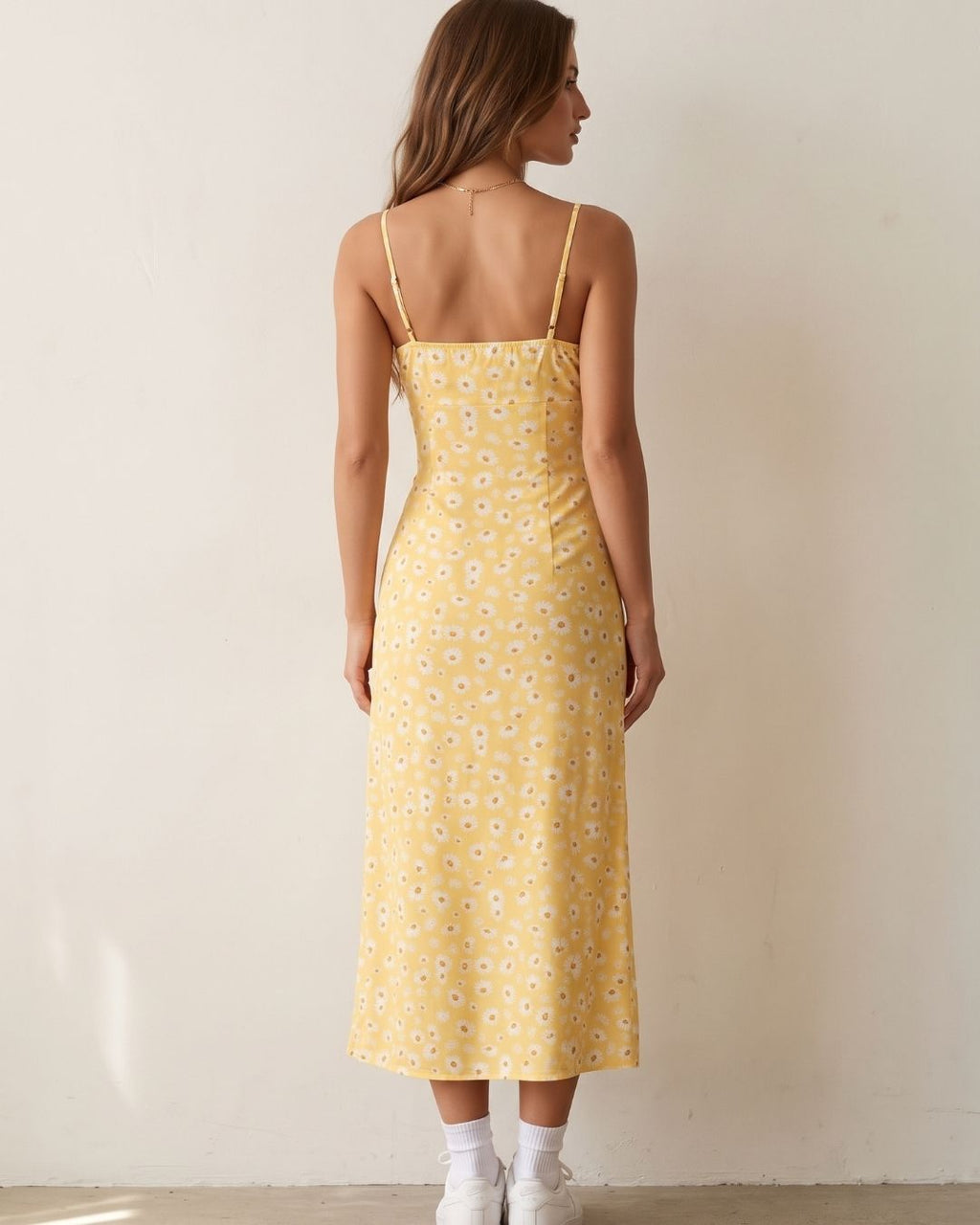 Vestido Midi Justo Alça Fina Com Fenda Estampado Floral
