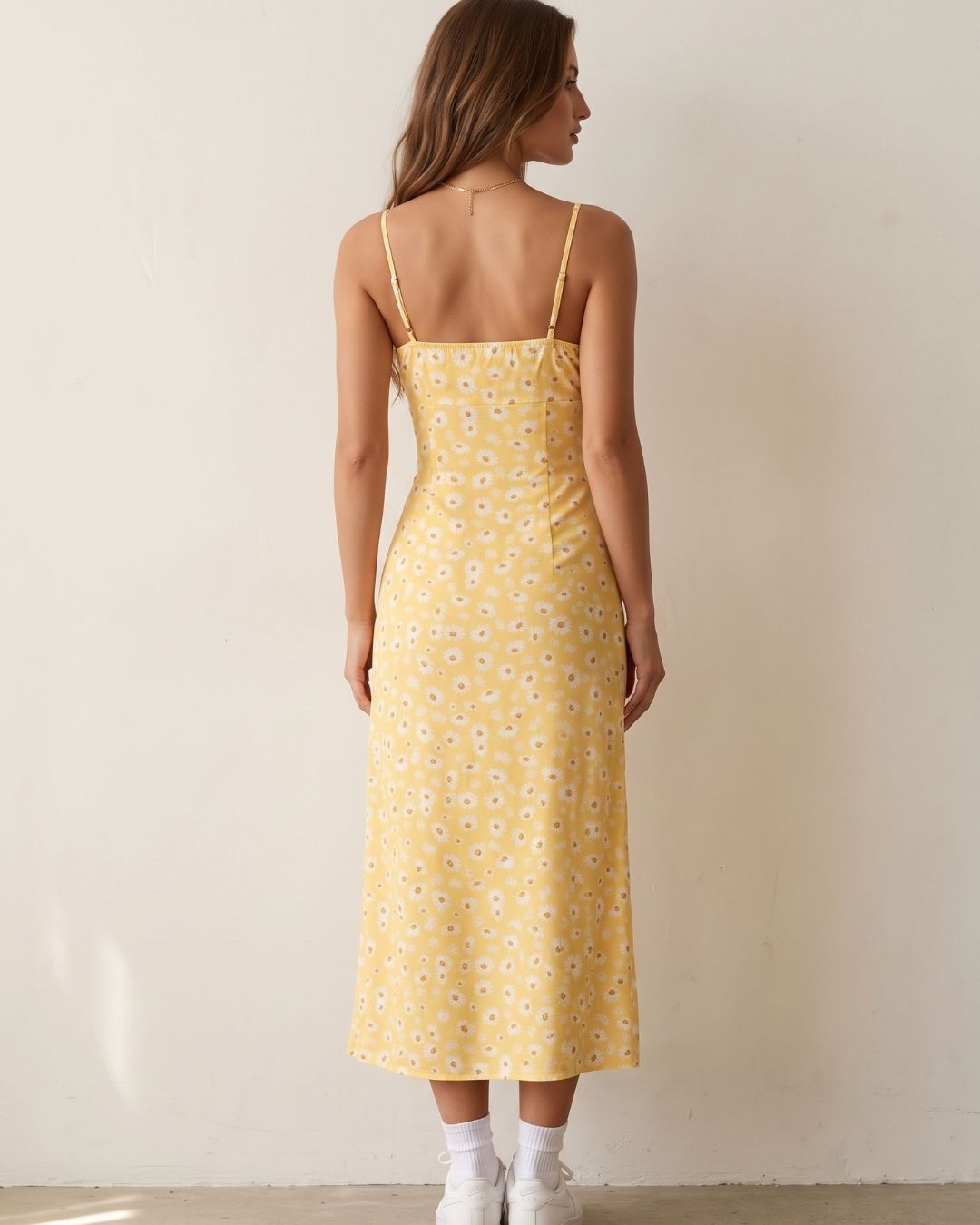 Vestido Midi Justo Alça Fina Com Fenda Estampado Floral