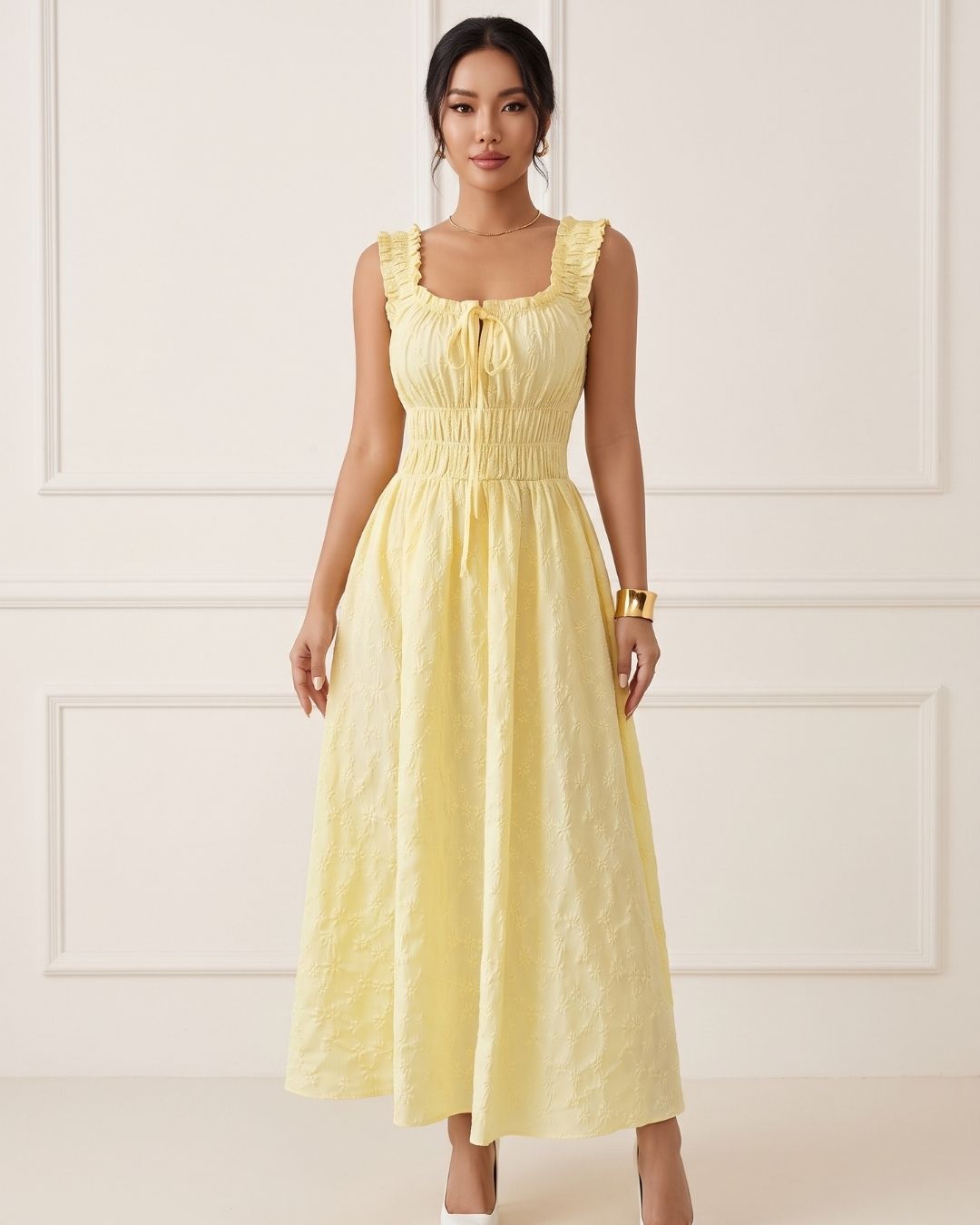 Vestido Midi Evasê Decote Quadrado Com Lastex E Renda