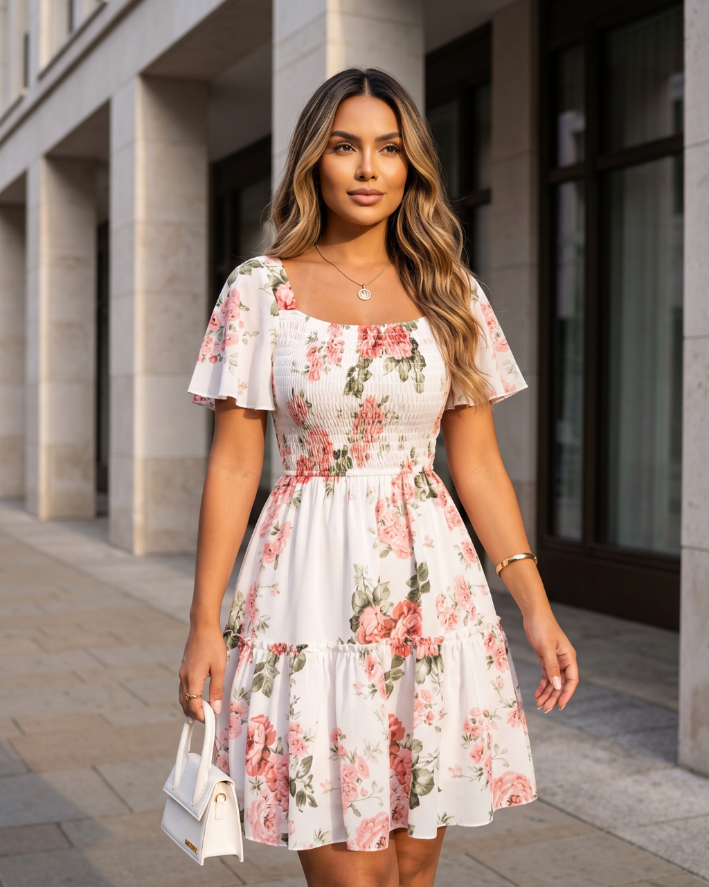 Vestido Curto Evasê Decote Quadrado Com Lastex Floral Romântico