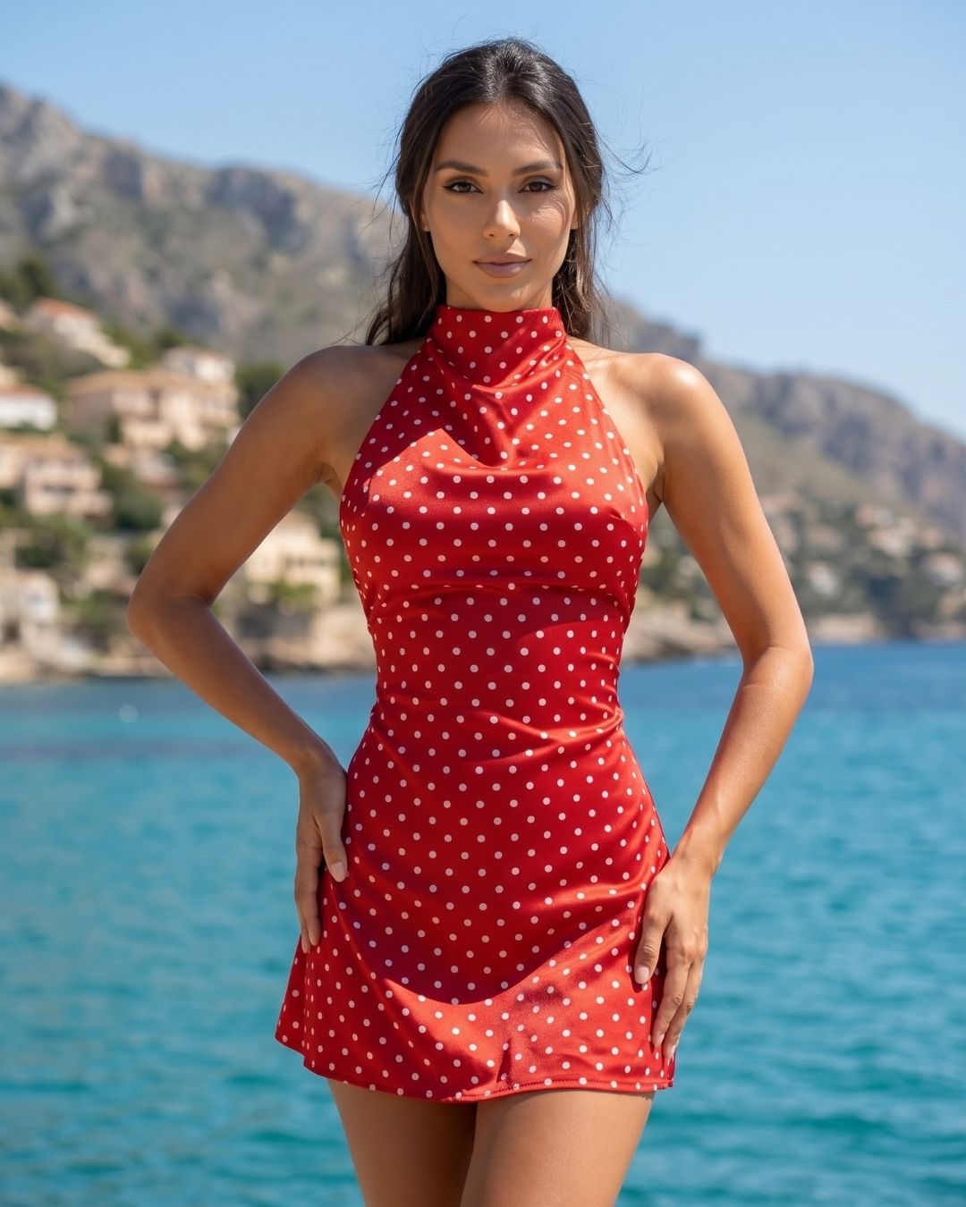 Vestido Curto Frente Única Poá Com Gola Alta E Babados