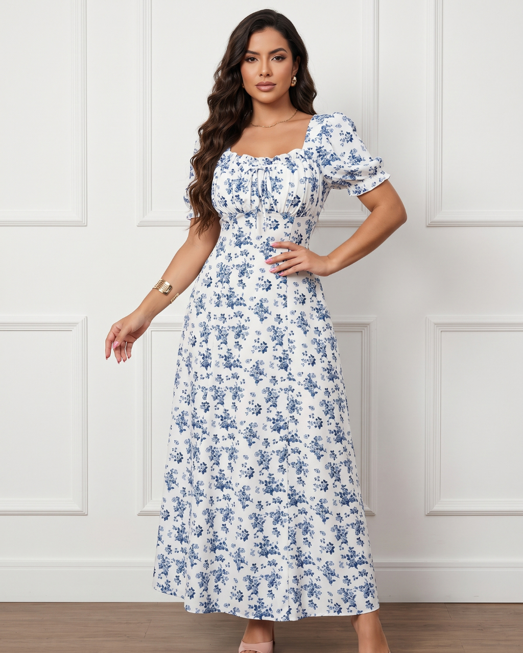 Vestido Longo Floral Com Manga Bufante E Cintura Marcada