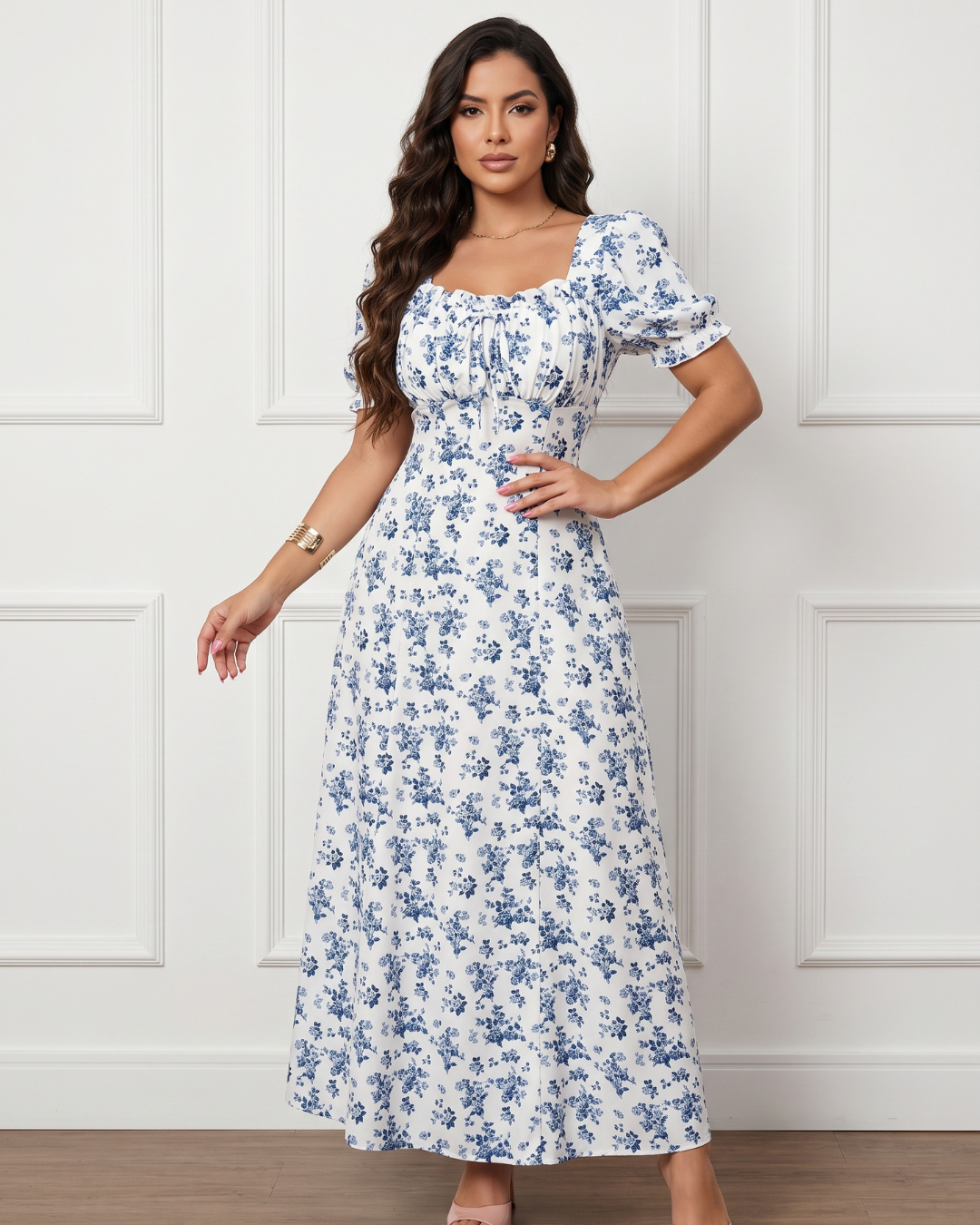 Vestido Longo Floral Com Manga Bufante E Cintura Marcada