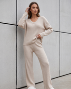 Conjunto Blusa Canelada Manga Longa E Calça Reta Casual