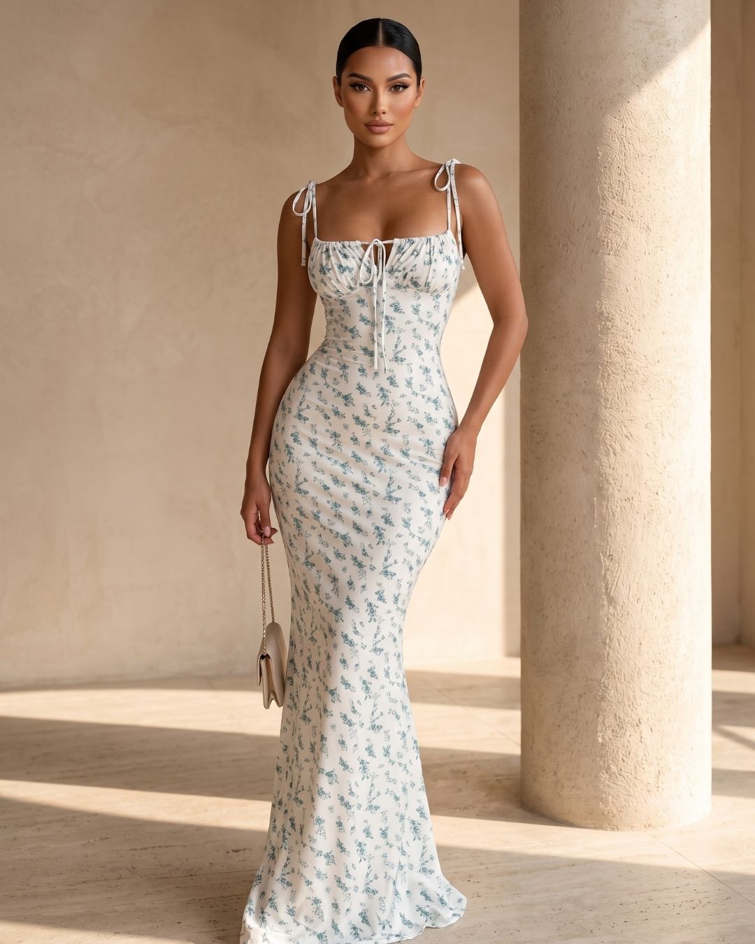 Vestido Midi Floral Com Fenda E Decote Franzido