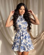 Vestido Curto Evasê Gola Alta Com Faixa E Estampa Floral