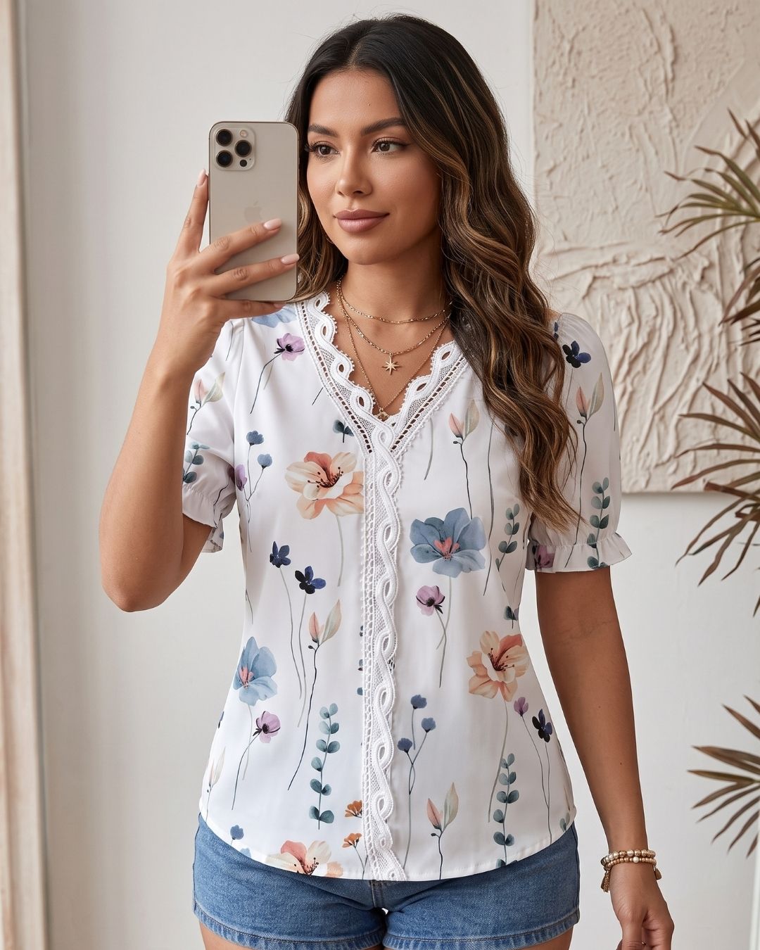 Blusa Feminina Floral Com Renda No Decote E Manga Curta