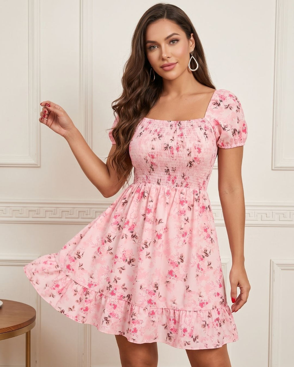Vestido Curto Floral Com Lastex E Manga Bufante