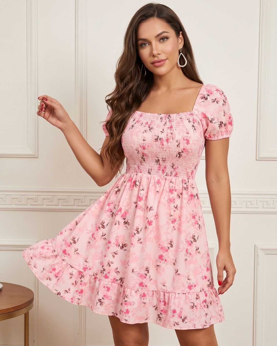 Vestido Curto Floral Com Lastex E Manga Bufante