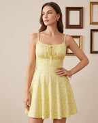 Vestido Curto Evasê Alça Fina Franzido Com Amarração Floral
