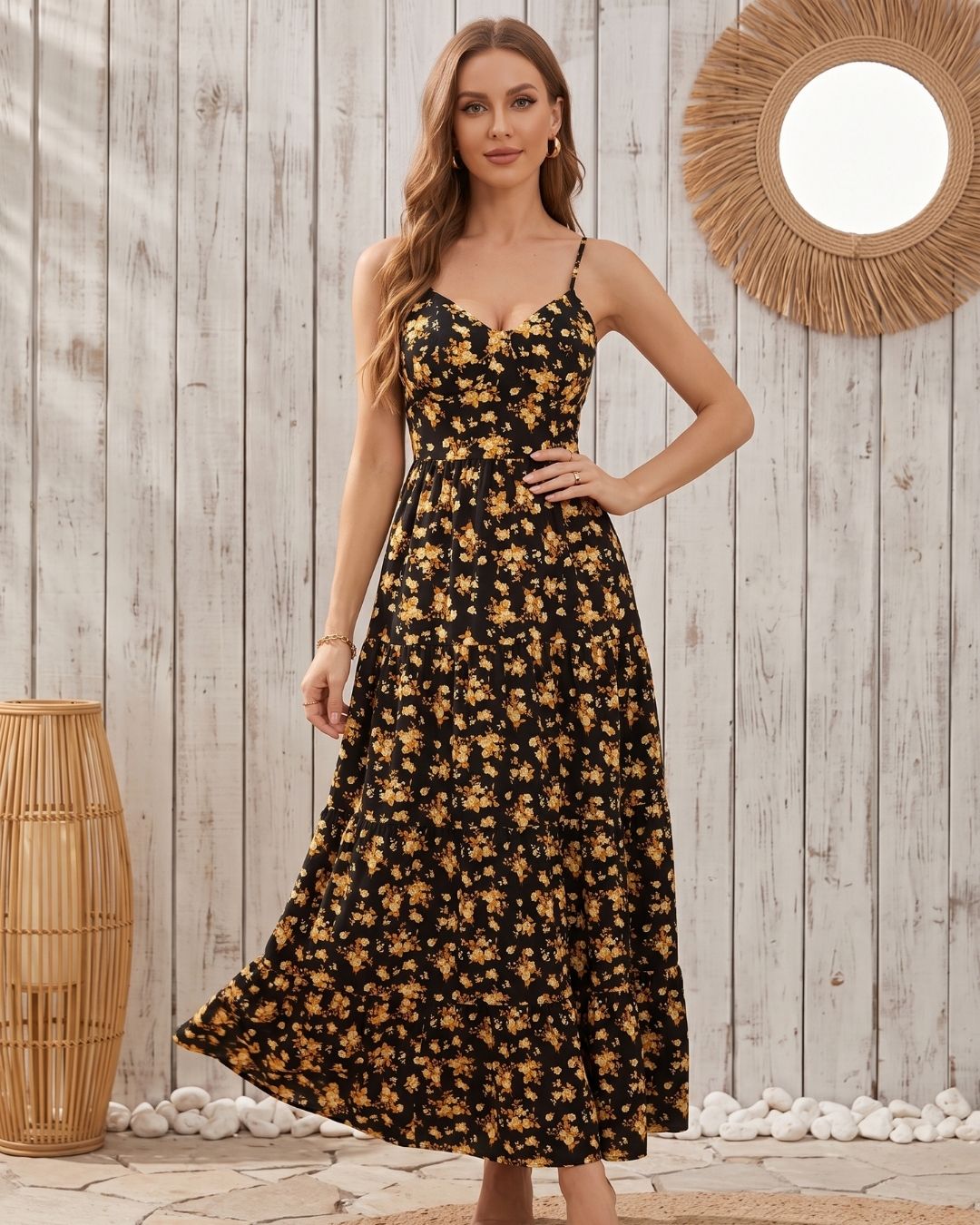 Vestido Longo Evasê Alça Fina Com Laço Nas Costas Floral