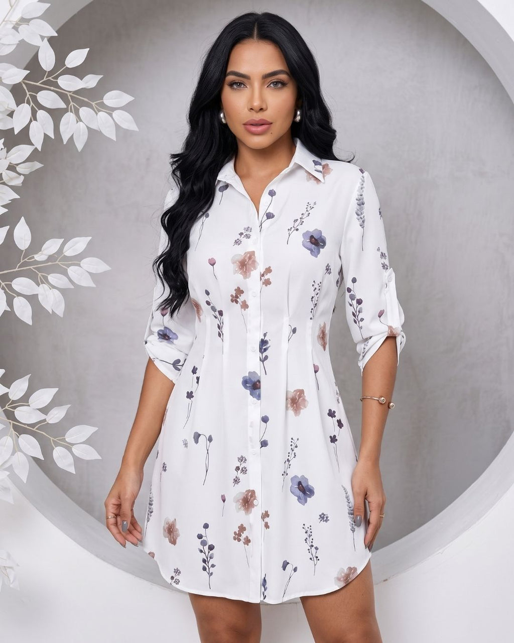 Vestido Chemise Curto Floral Com Manga Longa E Botões