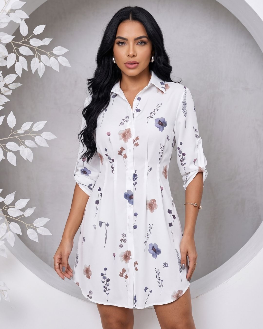 Vestido Chemise Curto Floral Com Manga Longa E Botões