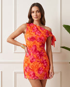 Vestido Curto Justo Ombro Único Drapeado Com Estampa Floral