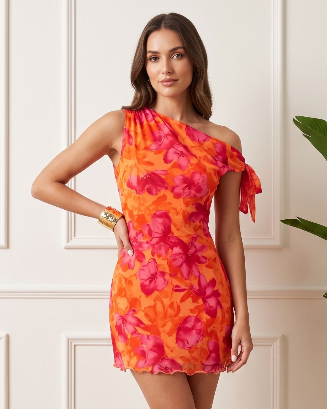 Vestido Curto Justo Ombro Único Drapeado Com Estampa Floral