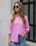 Camisa Feminina Listrada Com Botões E Bolso Frontal