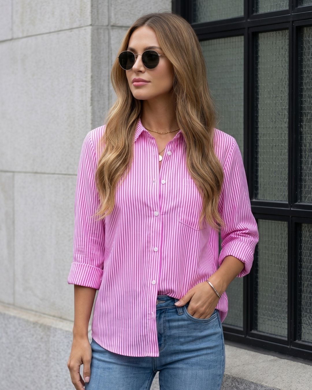 Camisa Feminina Listrada Com Botões E Bolso Frontal