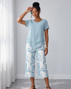 Conjunto Blusa Manga Curta E Calça Pantacourt Estampada Casual