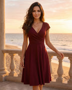 Vestido Midi Evasê Com Decote Transpassado E Manga Curta