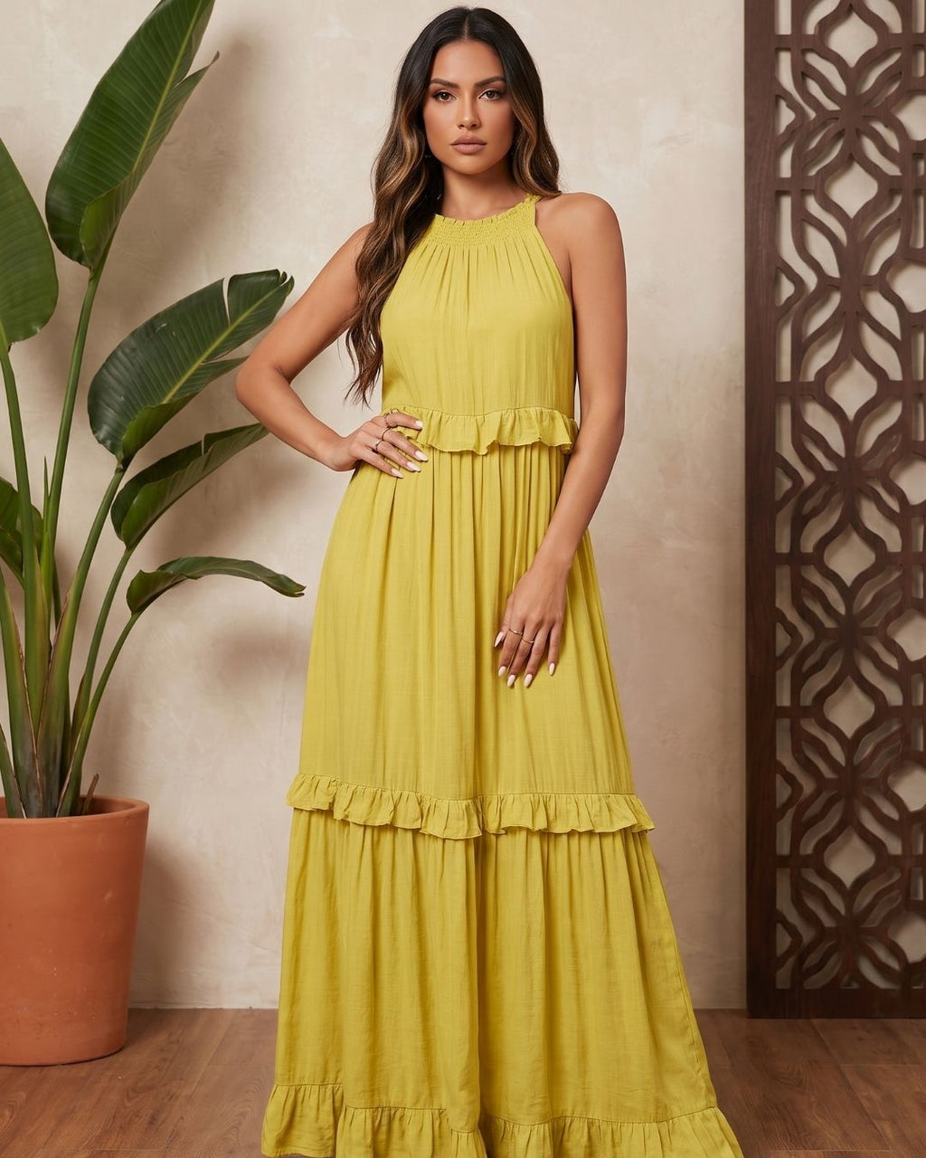 Vestido Longo Soltinho Com Babados E Saia Em Camadas